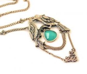 Singing Birds with Blue Rhinestone Pendant Necklace