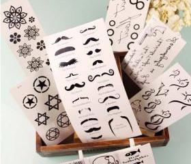Retro Tattoo Stickers Pack of 9 (Elephants, Moustaches, Cats etc)